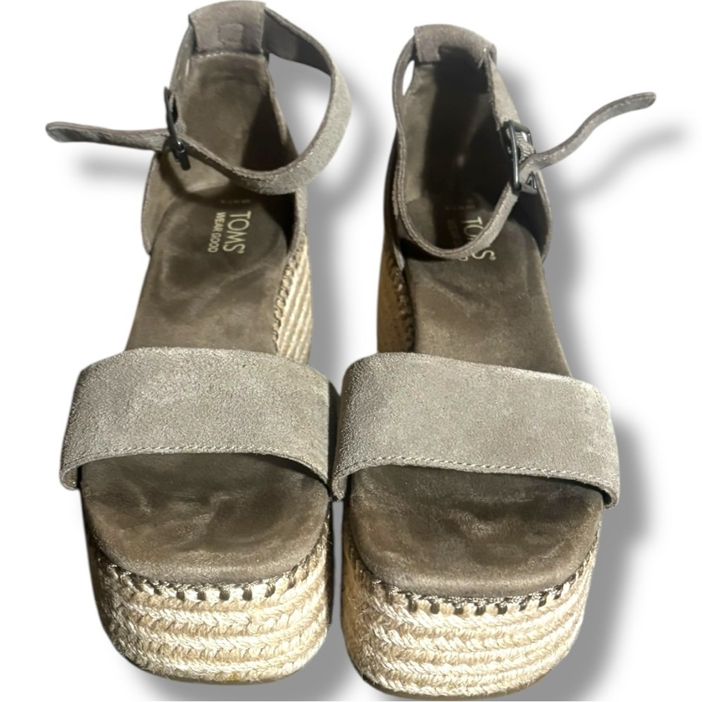 Toms Stylish Light Olive/Taupe Suede Ankle Buckle Platform Sandals - Picture 2 of 5